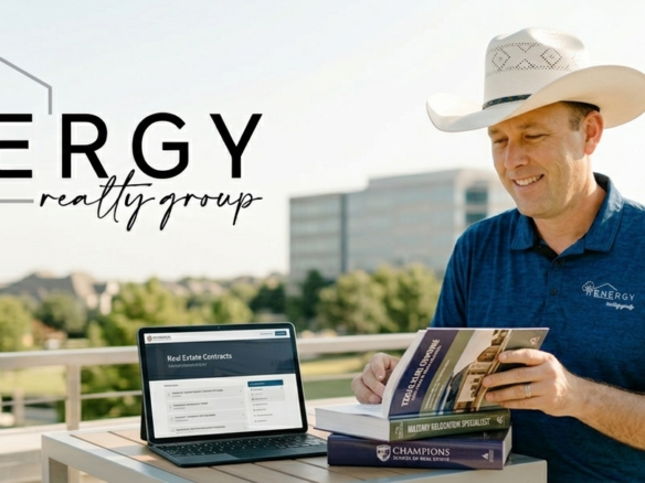 A professional photo of Nick Getzendanner, Energy Realtors Broker, smiling and wearing his cowboy hat on a modern terrace with a DFW cityscape view. His arm rests on a stack of textbooks (labeled for Texas Real Estate and advanced certifications like ABR®, RENE, and MRP), and a tablet shows an online learning portal. The clean Energy Realtors logo (tree and house line) is visible in the corner. The image represents real estate expertise, education, and both in-person and online learning.