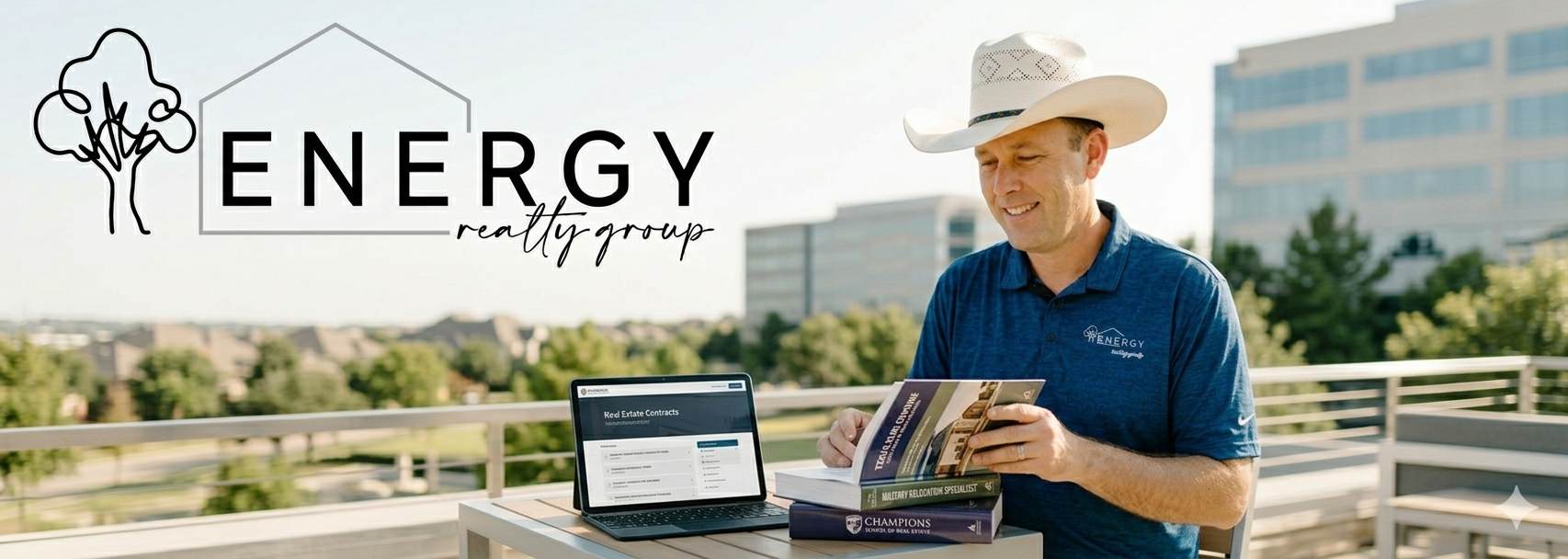 A professional photo of Nick Getzendanner, Energy Realtors Broker, smiling and wearing his cowboy hat on a modern terrace with a DFW cityscape view. His arm rests on a stack of textbooks (labeled for Texas Real Estate and advanced certifications like ABR®, RENE, and MRP), and a tablet shows an online learning portal. The clean Energy Realtors logo (tree and house line) is visible in the corner. The image represents real estate expertise, education, and both in-person and online learning.