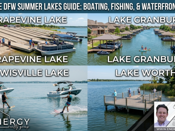 A four-panel summer collage showcasing premier North Texas lakes titled Ultimate DFW Summer Lakes Guide: Boating, Fishing, & Waterfront Homes. The top-left panel highlights a wide concrete boat ramp with a pontoon boat at Grapevine Lake. The top-right panel features a scenic neighborhood canal lined with luxury waterfront homes and private covered boat docks on Lake Granbury. The bottom-left panel captures a wakeboarder and waterskiier catching perfect wakes on Lewisville Lake. The bottom-right panel displays fishermen casting lines from a sturdy wooden fishing pier on Lake Worth. The Energy Realty Group logo sits in the bottom left, and a professional watermark for Managing Broker Nick Getzendanner is embedded in the bottom right corner.