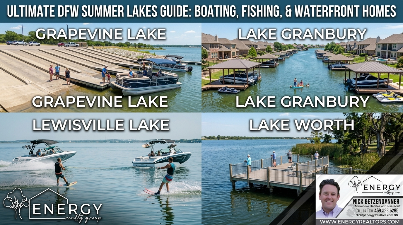 A four-panel summer collage showcasing premier North Texas lakes titled Ultimate DFW Summer Lakes Guide: Boating, Fishing, & Waterfront Homes. The top-left panel highlights a wide concrete boat ramp with a pontoon boat at Grapevine Lake. The top-right panel features a scenic neighborhood canal lined with luxury waterfront homes and private covered boat docks on Lake Granbury. The bottom-left panel captures a wakeboarder and waterskiier catching perfect wakes on Lewisville Lake. The bottom-right panel displays fishermen casting lines from a sturdy wooden fishing pier on Lake Worth. The Energy Realty Group logo sits in the bottom left, and a professional watermark for Managing Broker Nick Getzendanner is embedded in the bottom right corner.