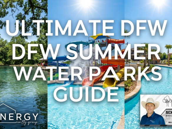 A multi-panel summer banner titled Ultimate DFW Summer Water Parks Guide. The left panel shows the natural spring-fed waters of Burger's Lake in Fort Worth under shade trees. The center panel displays colorful, modern outdoor water slides under a bright sun. The right panel showcases a luxury resort lazy river lined with palm trees and cabanas, mirroring Paradise Springs at the Gaylord Texan. The Energy Realty Group logo sits in the bottom left, and a professional business card watermark for Managing Broker Nick Getzendanner is embedded in the bottom right corner.