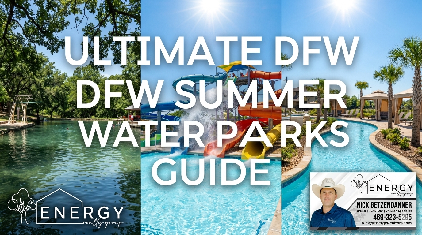 A multi-panel summer banner titled Ultimate DFW Summer Water Parks Guide. The left panel shows the natural spring-fed waters of Burger's Lake in Fort Worth under shade trees. The center panel displays colorful, modern outdoor water slides under a bright sun. The right panel showcases a luxury resort lazy river lined with palm trees and cabanas, mirroring Paradise Springs at the Gaylord Texan. The Energy Realty Group logo sits in the bottom left, and a professional business card watermark for Managing Broker Nick Getzendanner is embedded in the bottom right corner.