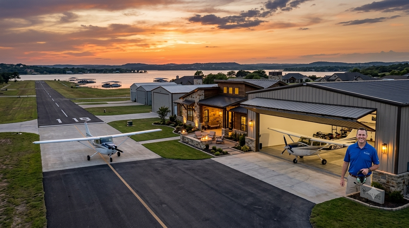 Aerial view of a custom hangar home at dusk in a Granbury TX aviation community near the lake, featuring a private plane on the asphalt taxiway next to the runway.