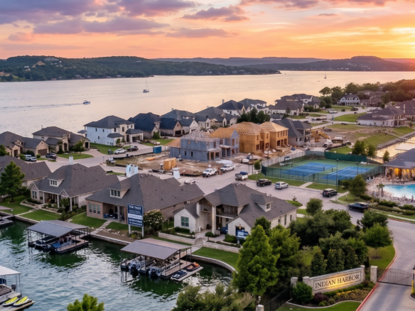 Wide aerial drone view of Indian Harbor gated community in Granbury TX at sunset, showcasing waterfront homes with boat docks, a community pool, tennis courts, marina slips, and ongoing new construction spec homes.