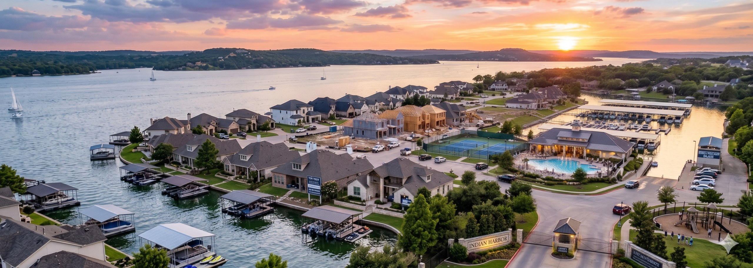 Wide aerial drone view of Indian Harbor gated community in Granbury TX at sunset, showcasing waterfront homes with boat docks, a community pool, tennis courts, marina slips, and ongoing new construction spec homes.