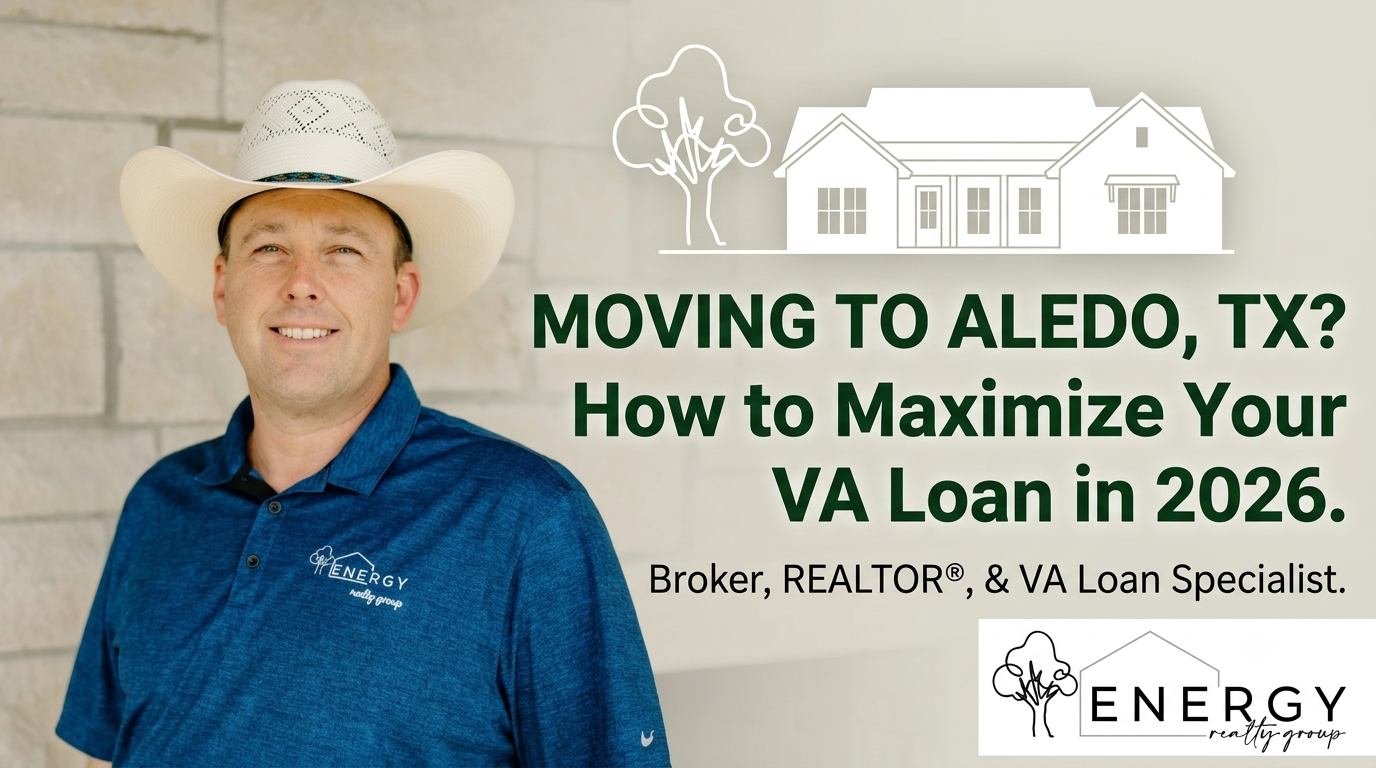 Nick Getzendanner, Energy Realty Group Broker and VA Loan Specialist, wearing a cowboy hat in front of a stone wall next to text reading Moving to Aledo, TX? How to Maximize Your VA Loan in 2026.