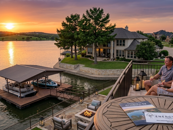 Aerial view of an upscale lakefront estate on Lake Granbury TX at sunset, featuring a private boat dock with a pontoon boat, outdoor fire pit patio, and a table showcasing an Energy Realty Group brochure.