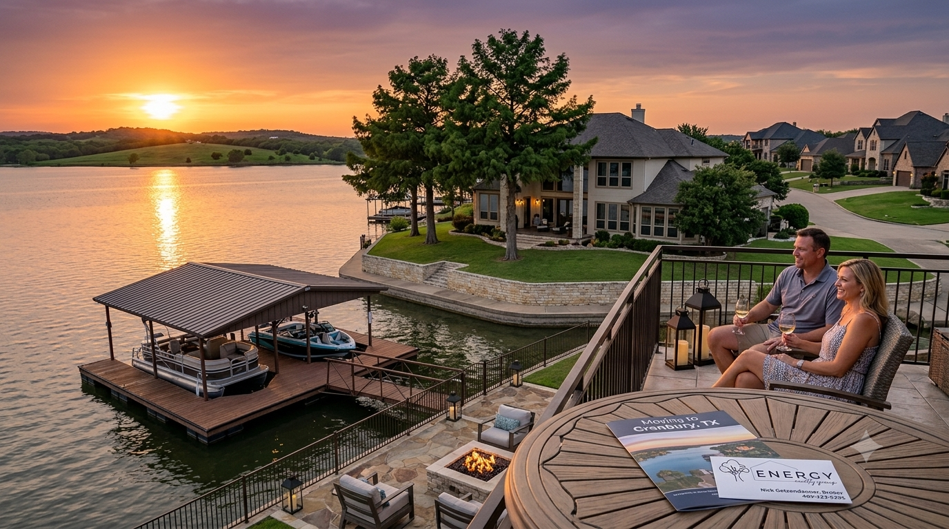 Aerial view of an upscale lakefront estate on Lake Granbury TX at sunset, featuring a private boat dock with a pontoon boat, outdoor fire pit patio, and a table showcasing an Energy Realty Group brochure.