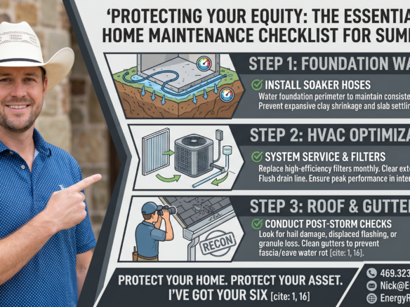 A heavy-duty real estate infographic and banner featuring Marine Veteran and Broker Nick Getzendanner, standing confidently in his white cowboy hat and blue polo. To his right, an illustrative schematic panel with bold charcoal, deep blue, and green accents details 'THE ESSENTIAL TEXAS HOME MAINTENANCE CHECKLIST FOR SUMMER.' It highlights how specific actions—such as installing a foundation soaker hose, servicing the HVAC unit with filter changes, and conducting post-storm roof recon—directly 'PROTECTS YOUR EQUITY' from extreme Texas heat. The full Energy Realty Group logo from image_0.png and standard contact info from image_1.png are cleanly integrated into the design, emphasizing professional authority.