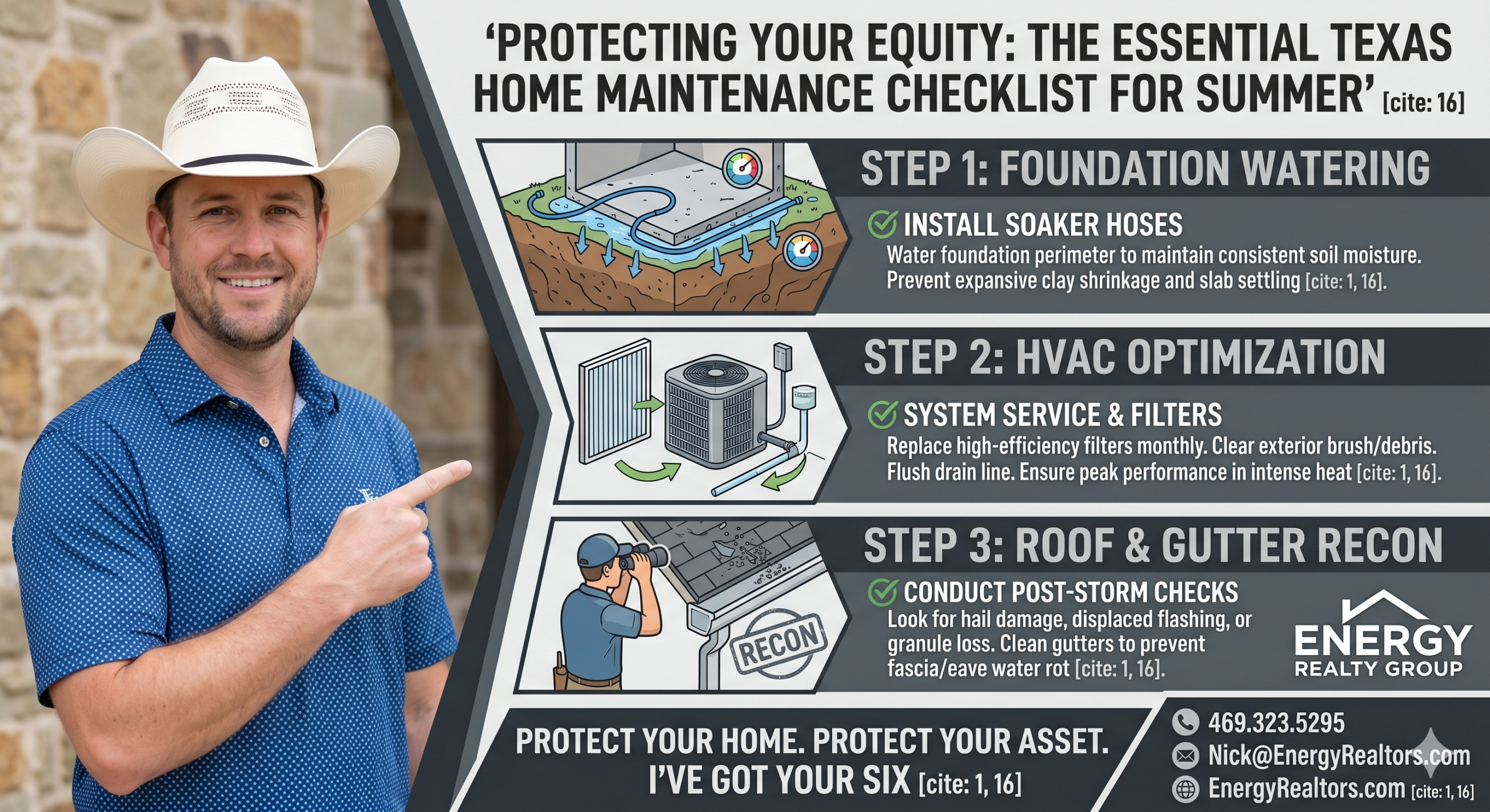 A heavy-duty real estate infographic and banner featuring Marine Veteran and Broker Nick Getzendanner, standing confidently in his white cowboy hat and blue polo. To his right, an illustrative schematic panel with bold charcoal, deep blue, and green accents details 'THE ESSENTIAL TEXAS HOME MAINTENANCE CHECKLIST FOR SUMMER.' It highlights how specific actions—such as installing a foundation soaker hose, servicing the HVAC unit with filter changes, and conducting post-storm roof recon—directly 'PROTECTS YOUR EQUITY' from extreme Texas heat. The full Energy Realty Group logo from image_0.png and standard contact info from image_1.png are cleanly integrated into the design, emphasizing professional authority.