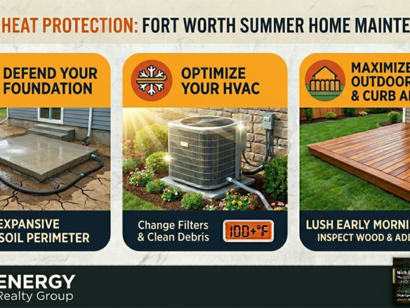 An educational home maintenance infographic titled Texas Heat Protection: North Texas Summer Home Maintenance. The visual is divided into three clean, numbered sections outlining critical care tips for DFW properties. Section one is labeled Defend Your Foundation and shows a soaker hose watering the soil perimeter of a concrete slab foundation under a home. Section two is labeled Optimize Your HVAC and features a central air conditioning condenser unit sitting on a green lawn next to an outdoor thermometer reading 100+ degrees Fahrenheit. Section three is labeled Maximize Outdoor Living & Curb Appeal and highlights a beautifully manicured backyard lawn with a stained wooden deck and a clean perimeter fence. The official white Energy Realty Group logo is positioned in the bottom-left corner, and a professional watermark business card for Managing Broker Nick Getzendanner is embedded cleanly in the bottom-right corner.