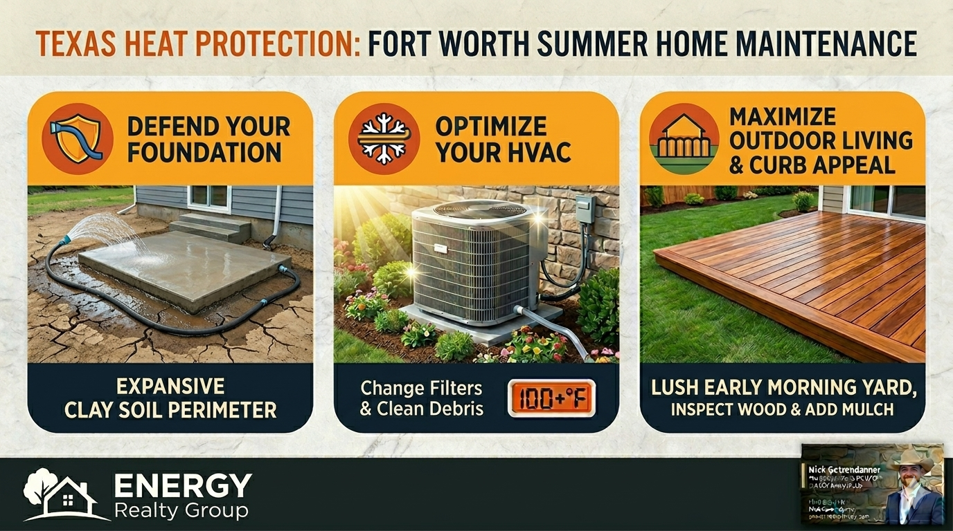 An educational home maintenance infographic titled Texas Heat Protection: North Texas Summer Home Maintenance. The visual is divided into three clean, numbered sections outlining critical care tips for DFW properties. Section one is labeled Defend Your Foundation and shows a soaker hose watering the soil perimeter of a concrete slab foundation under a home. Section two is labeled Optimize Your HVAC and features a central air conditioning condenser unit sitting on a green lawn next to an outdoor thermometer reading 100+ degrees Fahrenheit. Section three is labeled Maximize Outdoor Living & Curb Appeal and highlights a beautifully manicured backyard lawn with a stained wooden deck and a clean perimeter fence. The official white Energy Realty Group logo is positioned in the bottom-left corner, and a professional watermark business card for Managing Broker Nick Getzendanner is embedded cleanly in the bottom-right corner.