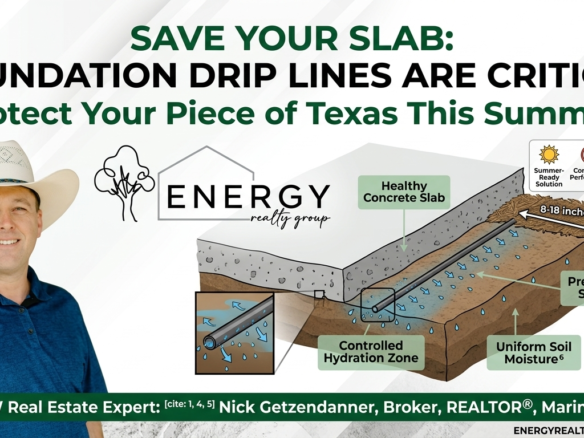 Infographic featuring Nick Getzendanner and Energy Realty Group explaining how foundation drip lines protect concrete slabs from Texas clay soil shrinkage during summer