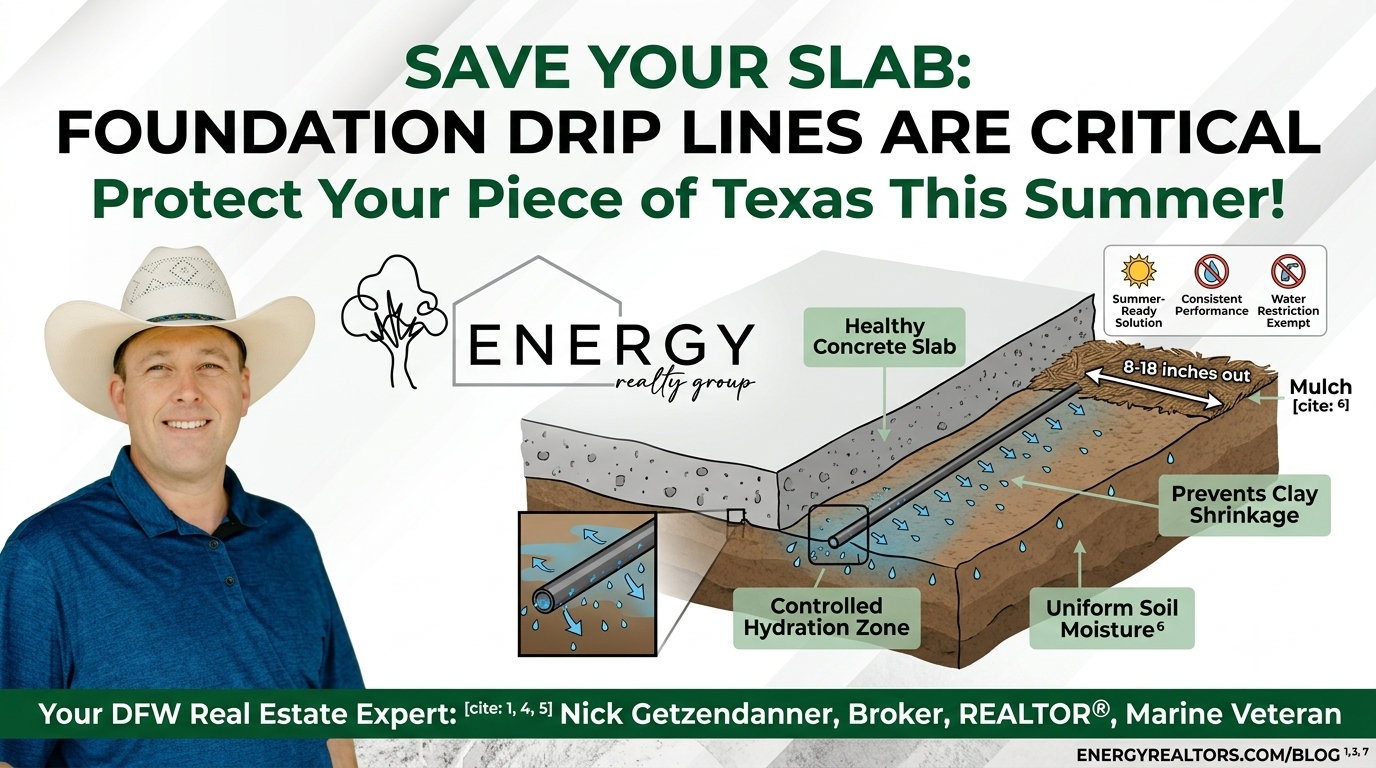 Infographic featuring Nick Getzendanner and Energy Realty Group explaining how foundation drip lines protect concrete slabs from Texas clay soil shrinkage during summer