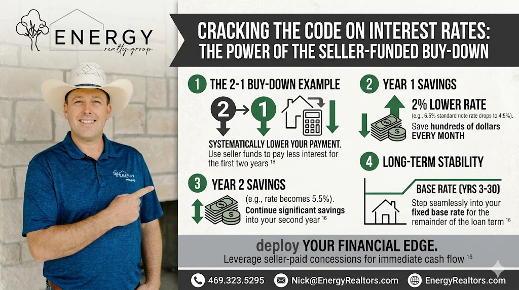 A comprehensive mortgage strategy infographic featuring Broker and MLO Nick Getzendanner in a white cowboy hat and blue polo shirt pointing to a visual breakdown of a 2-1 temporary seller-funded buy-down. The graphic cleanly details Year 1 savings with a 2% lower rate, Year 2 savings with a 1% lower rate, and long-term stability back at the base rate for years 3 through 30. It includes the Energy Realty Group logo and business contact info.