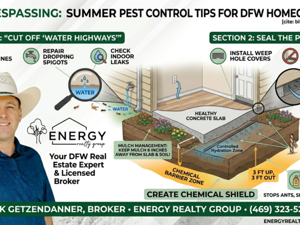 Infographic showing Nick Getzendanner of Energy Realty Group presenting a cross-section guide to summer pest control in DFW, with three sections on cutting off water, sealing entry points like weep holes, and creating a perimeter chemical shield.