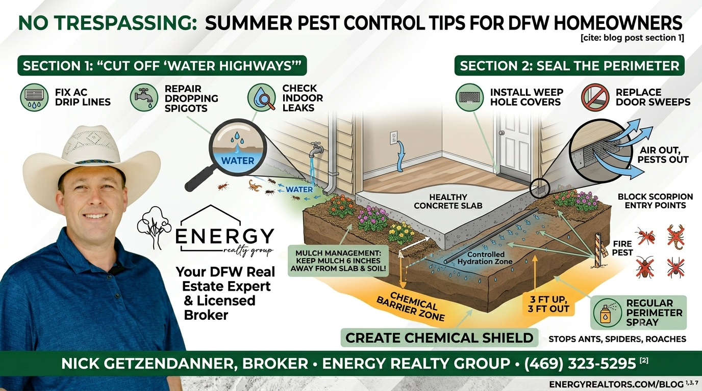 Infographic showing Nick Getzendanner of Energy Realty Group presenting a cross-section guide to summer pest control in DFW, with three sections on cutting off water, sealing entry points like weep holes, and creating a perimeter chemical shield.