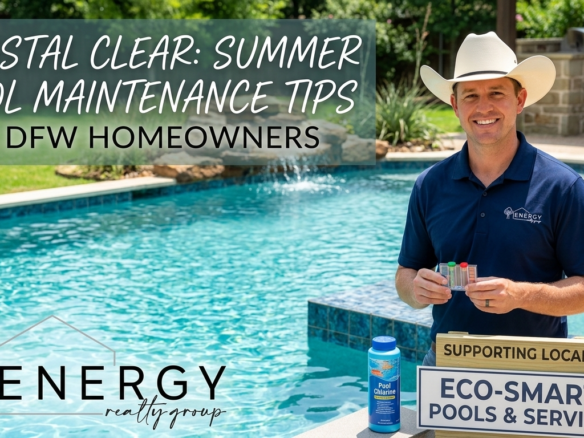 Nick Getzendanner standing by a crystal-clear swimming pool holding a water testing kit, alongside the Energy Realty Group logo and a sign supporting Eco-Smart Pools & Service.