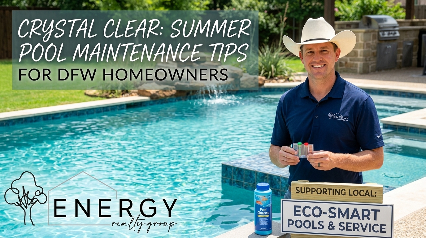 Nick Getzendanner standing by a crystal-clear swimming pool holding a water testing kit, alongside the Energy Realty Group logo and a sign supporting Eco-Smart Pools & Service.