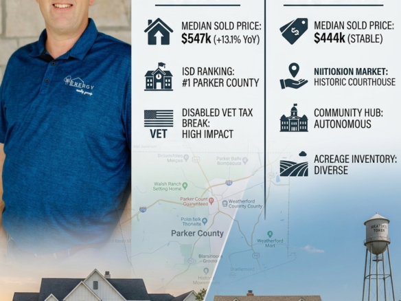 Nick Getzendanner, Energy Realty Group Broker wearing a white cowboy hat next to an infographic breakdown comparing 2026 median sold prices, school district rankings, and VA loan property tax breaks between Aledo and Weatherford, Texas.