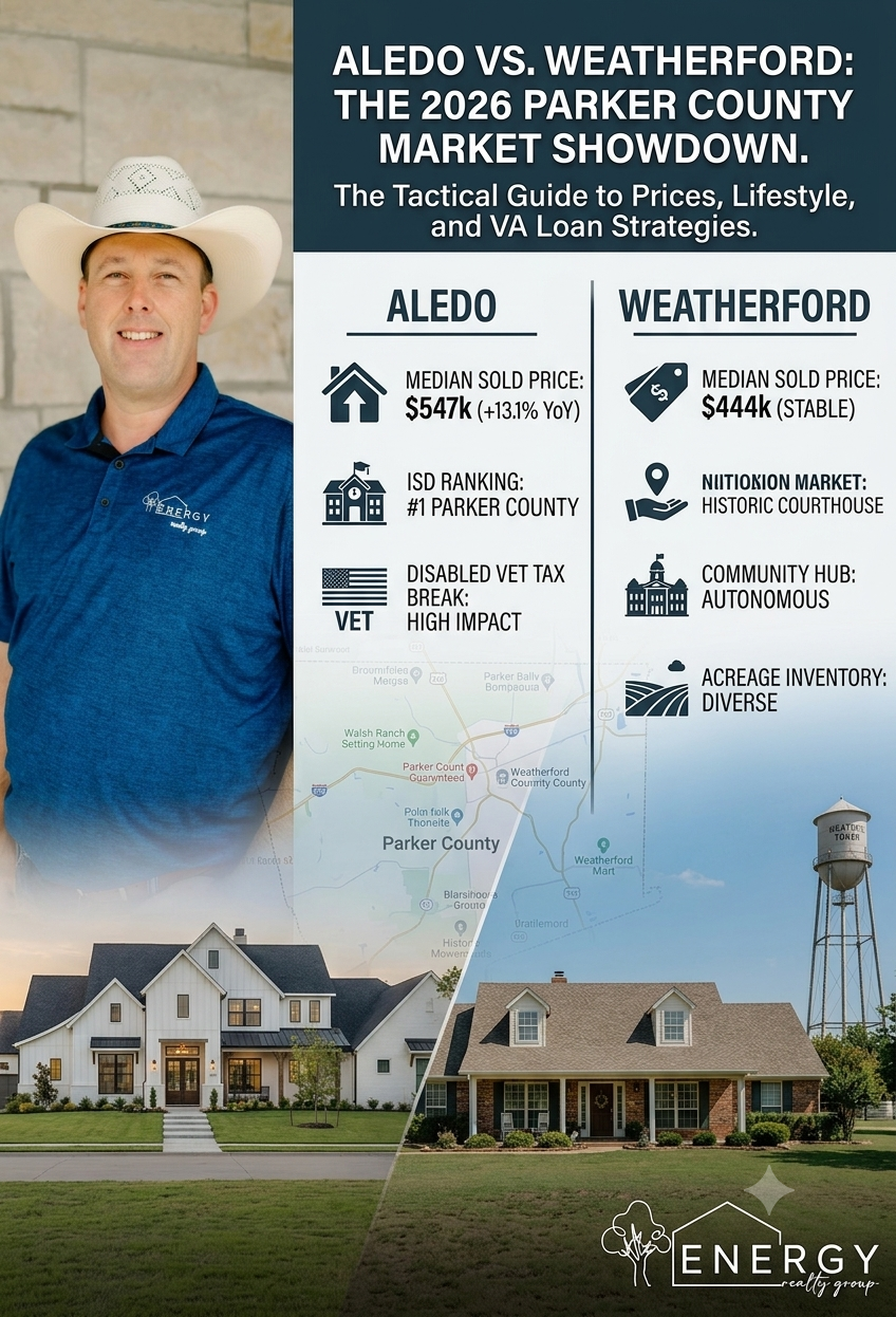 Nick Getzendanner, Energy Realty Group Broker wearing a white cowboy hat next to an infographic breakdown comparing 2026 median sold prices, school district rankings, and VA loan property tax breaks between Aledo and Weatherford, Texas.