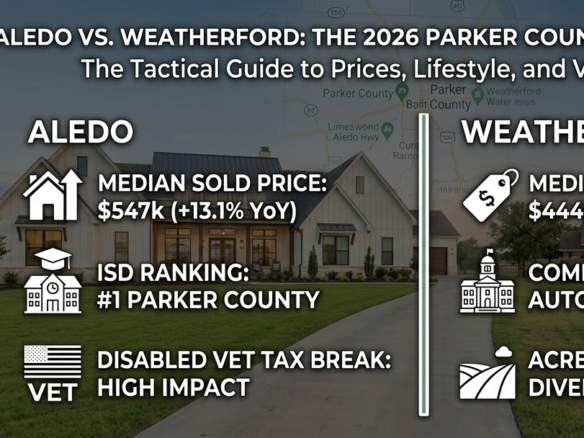 Nick Getzendanner, Energy Realty Group Broker wearing a white cowboy hat next to a side-by-side local housing comparison graphic for Aledo and Weatherford, Texas in 2026.