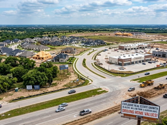 Aerial view of the massive real estate development along the Interstate 20 corridor in Parker County, featuring new home construction and retail commercial spaces expanding into the rolling hills of Aledo and Willow Park.
