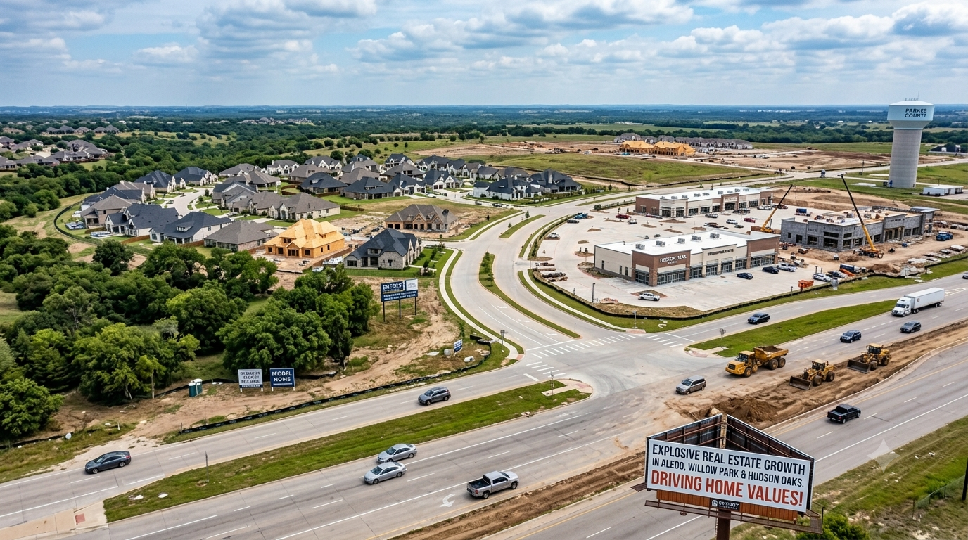 Aerial view of the massive real estate development along the Interstate 20 corridor in Parker County, featuring new home construction and retail commercial spaces expanding into the rolling hills of Aledo and Willow Park.