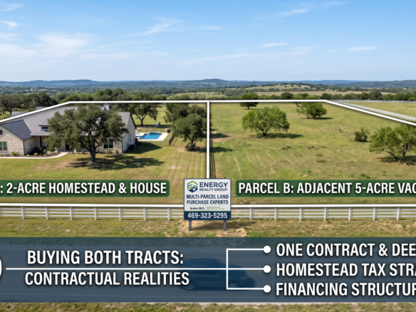 An aerial real estate infographic illustrating a multi-parcel purchase in Parker County, clearly dividing a property into Parcel A with the homestead and house, and Parcel B with adjacent vacant acreage under a single mortgage contract.