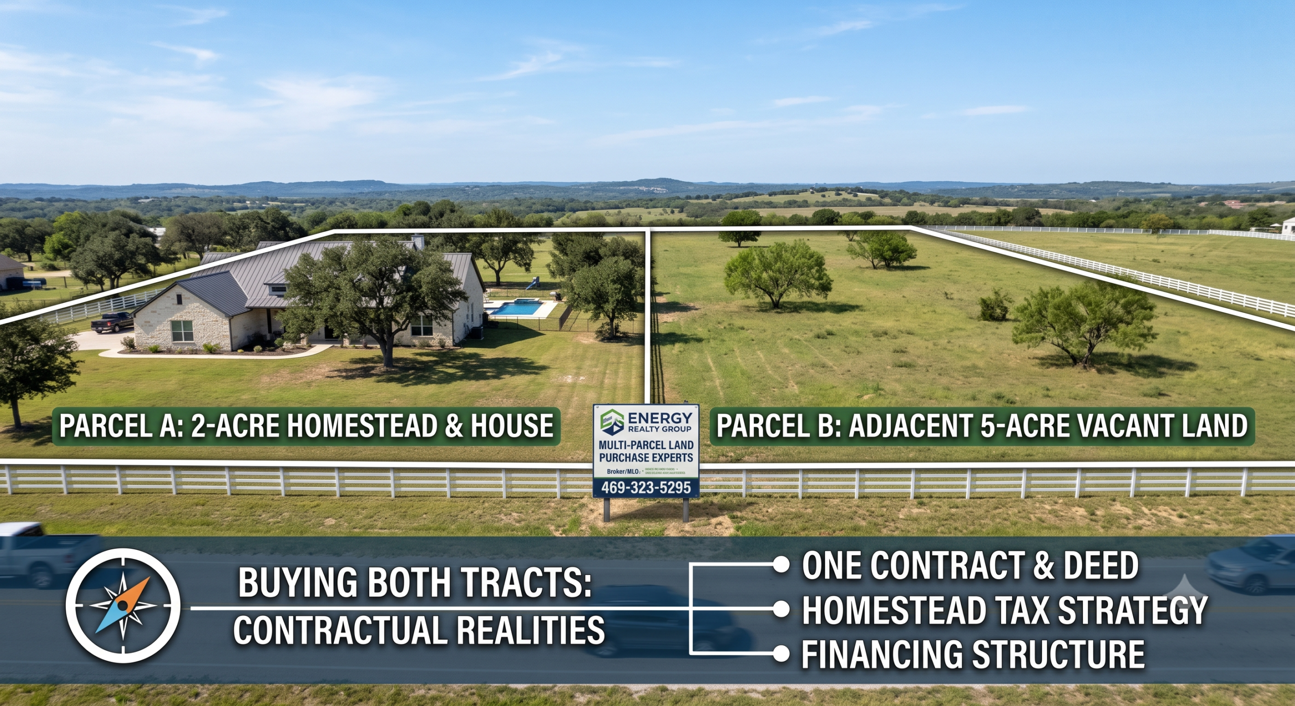 An aerial real estate infographic illustrating a multi-parcel purchase in Parker County, clearly dividing a property into Parcel A with the homestead and house, and Parcel B with adjacent vacant acreage under a single mortgage contract.