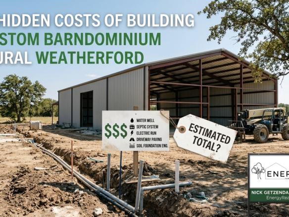 A custom steel barndominium frame under construction in rural Weatherford, Texas, displaying a site preparation cost breakdown sign next to an Energy Realty Group yard sign featuring Nick Getzendanner.