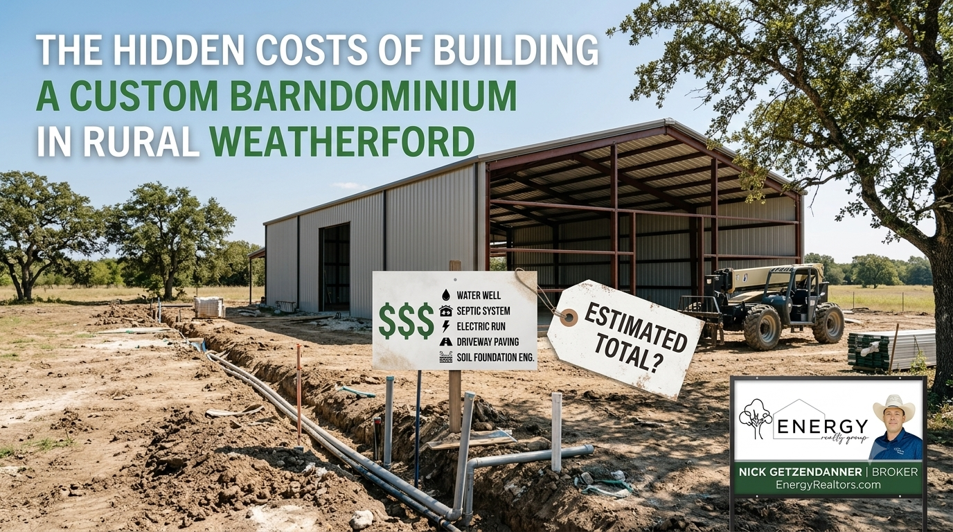 A custom steel barndominium frame under construction in rural Weatherford, Texas, displaying a site preparation cost breakdown sign next to an Energy Realty Group yard sign featuring Nick Getzendanner.