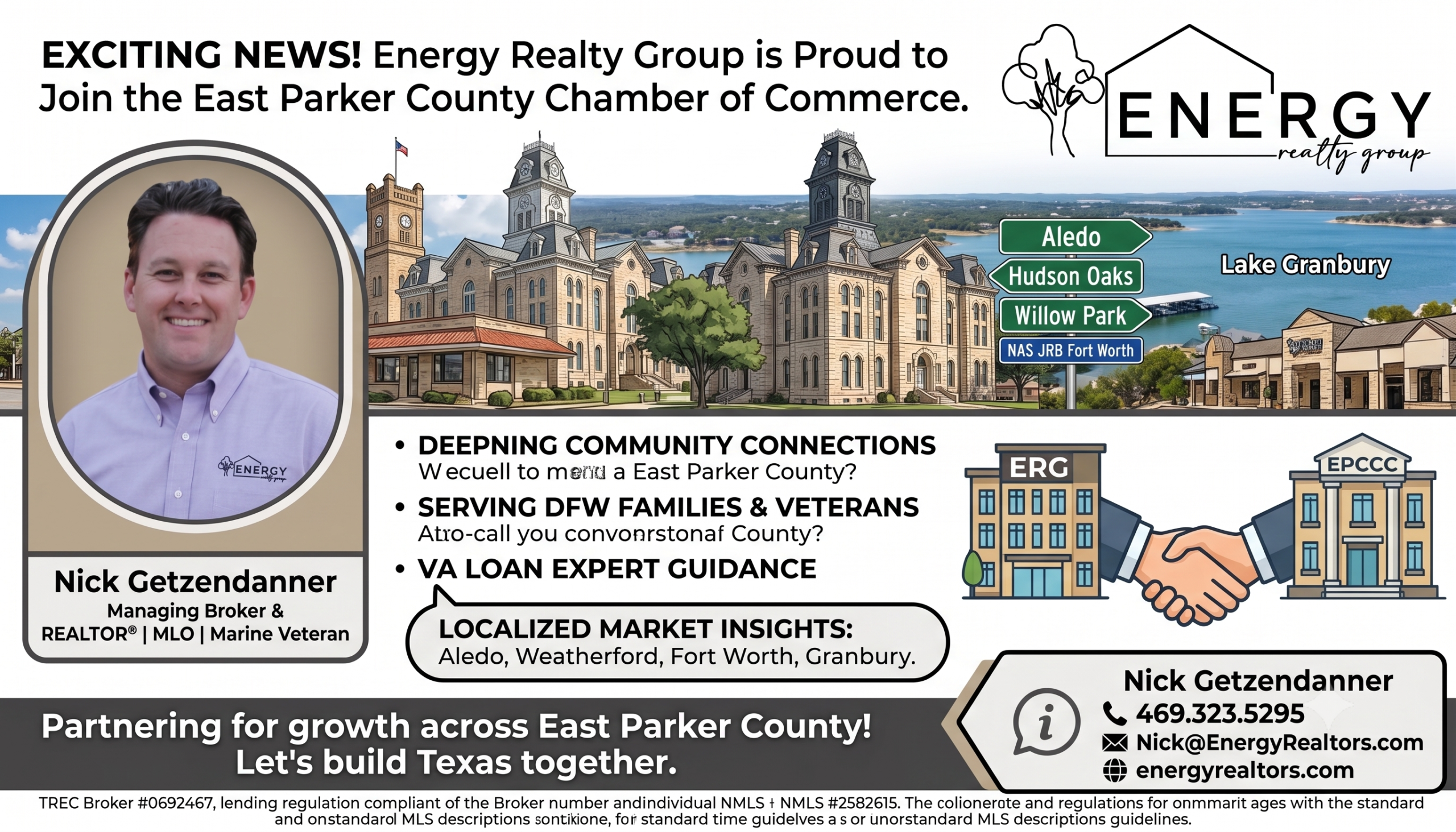 Infographic announcement showing Energy Realty Group joining the East Parker County Chamber of Commerce, featuring broker Nick Getzendanner in a cowboy hat next to a local historic courthouse illustration and an architectural office block.
