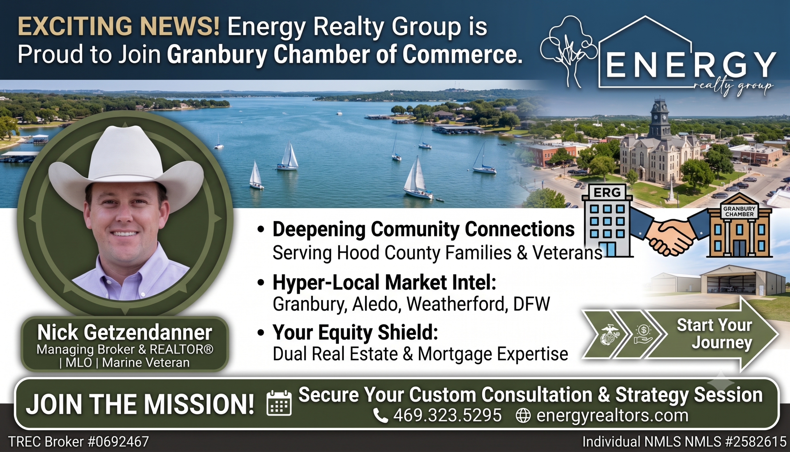 Infographic highlighting Energy Realty Group joining the Granbury Chamber of Commerce and East Parker County Chamber of Commerce registry to support DFW real estate growth, veteran VA loans, and Aledo ISD home sales.