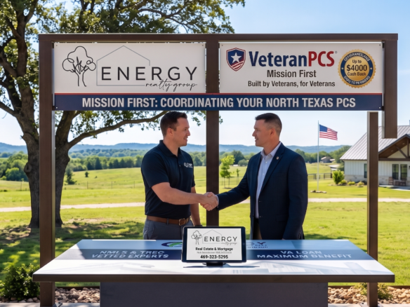 An aerial view of an outdoor partnership display on a Parker County ranch, featuring the Energy Realty Group and VeteranPCS logos working together, with text highlighting coordinated North Texas PCS support and military relocation expertise.