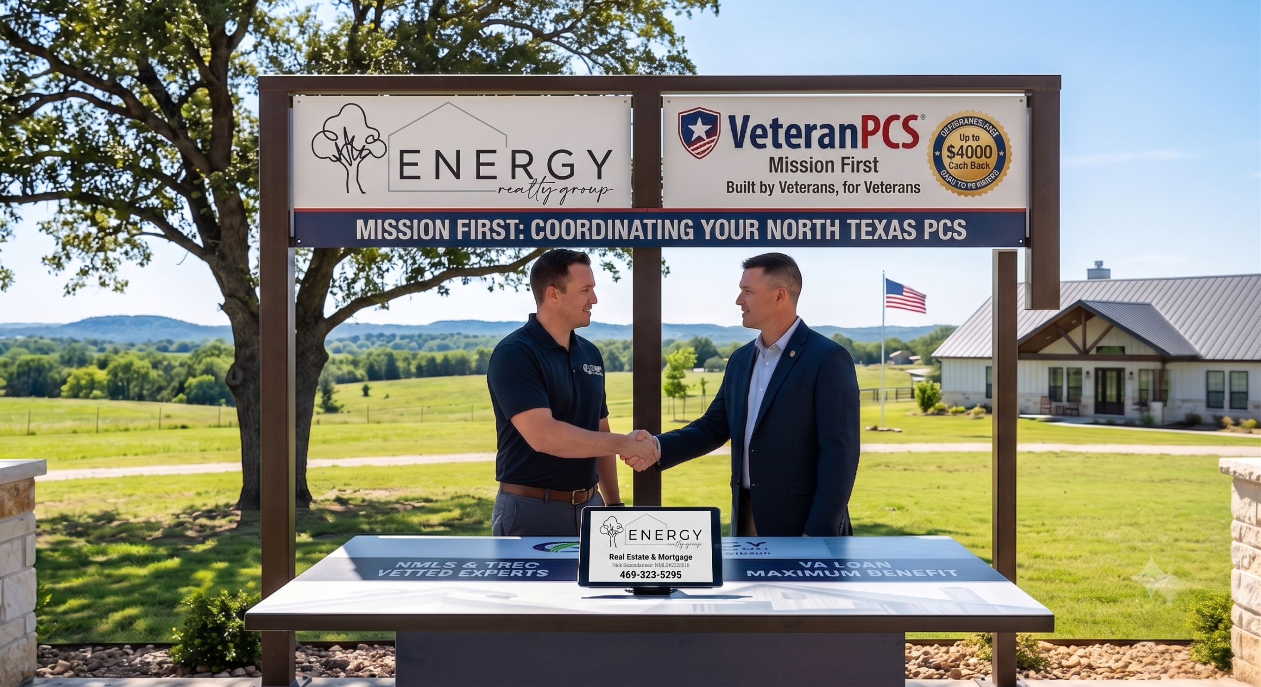 An aerial view of an outdoor partnership display on a Parker County ranch, featuring the Energy Realty Group and VeteranPCS logos working together, with text highlighting coordinated North Texas PCS support and military relocation expertise.