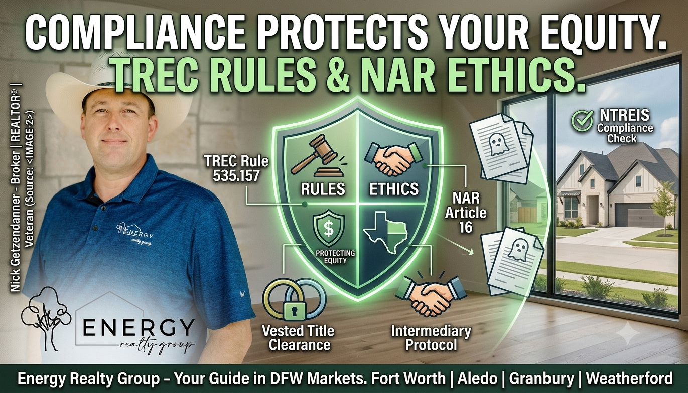 Managing Broker Nick Getzendanner of Energy Realty Group presenting a Texas real estate compliance guide detailing TREC Rule 535.157, NAR Article 16 exclusive listing protections, and vested title requirements for home sellers in the Fort Worth, Aledo, Granbury, and Weatherford markets.