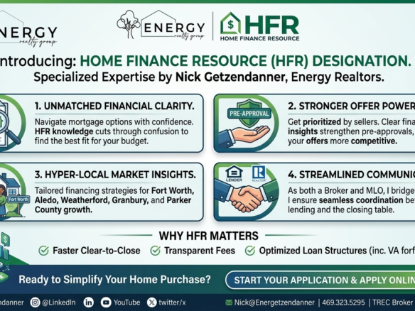 Home Finance Resource HFR designation infographic by Nick Getzendanner, Texas Real Estate Broker and MLO serving Fort Worth, Aledo, Weatherford, Granbury, and Parker County home buyers.