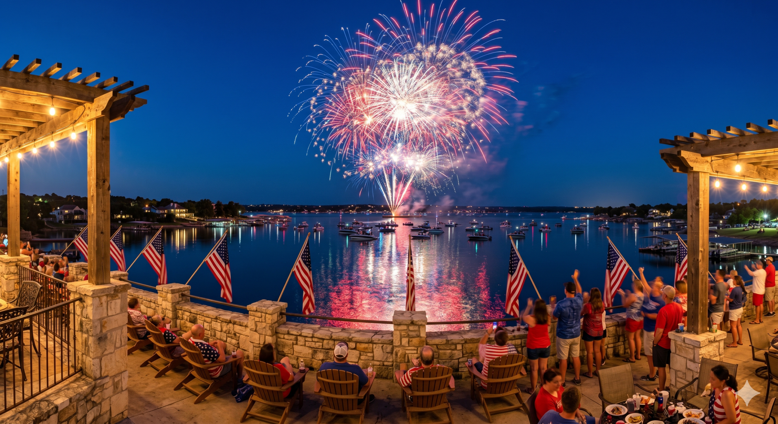A high-angle view of a festive crowd gathered on a stone patio with string lights and American flags, watching a vibrant red, white, and blue fireworks show explode over Lake Granbury, Texas, during the 250th Independence Day celebration.