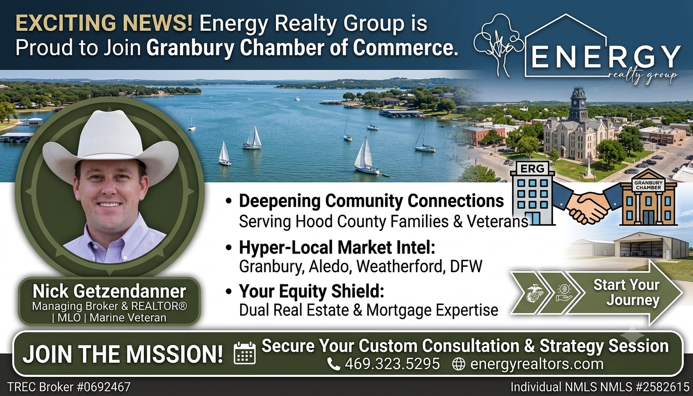 Graphic depicting Nick Getzendanner joining the Granbury Chamber of Commerce, detailing hyper-local market intel and real estate mortgage services for Hood County families and veterans.