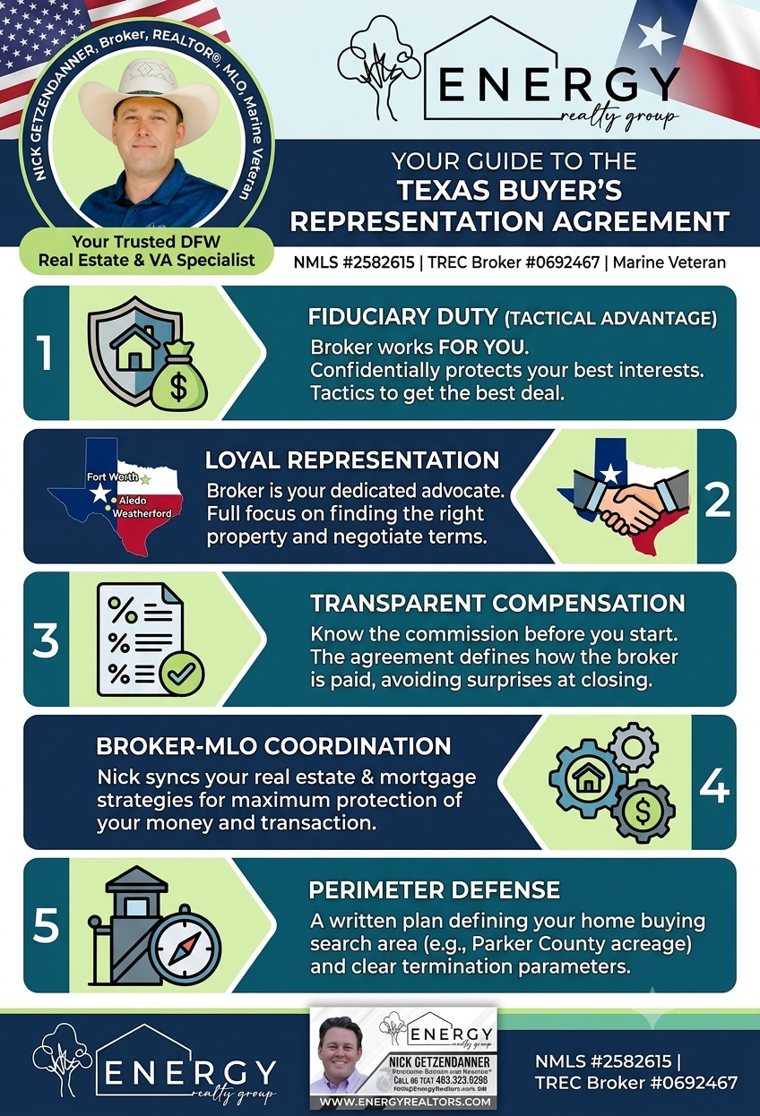 Visual guide to the Texas Buyer Representation Agreement explaining fiduciary duty, transparent compensation, and broker MLO coordination for Aledo and Weatherford buyers.