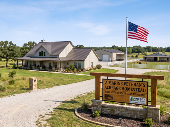 Wide shot of a Texas country acreage homestead featuring a modern custom barndominium, a detached workshop, horse pastures, an American flag, and an Energy Realty Group sign highlighting 100% VA loan financing.