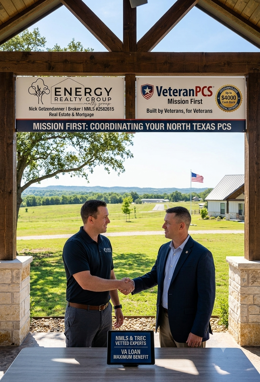 Nick Getzendanner shaking hands under a wooden pavilion featuring banners for Energy Realty Group and Veteran PCS, coordinating North Texas relocation and VA loan support.