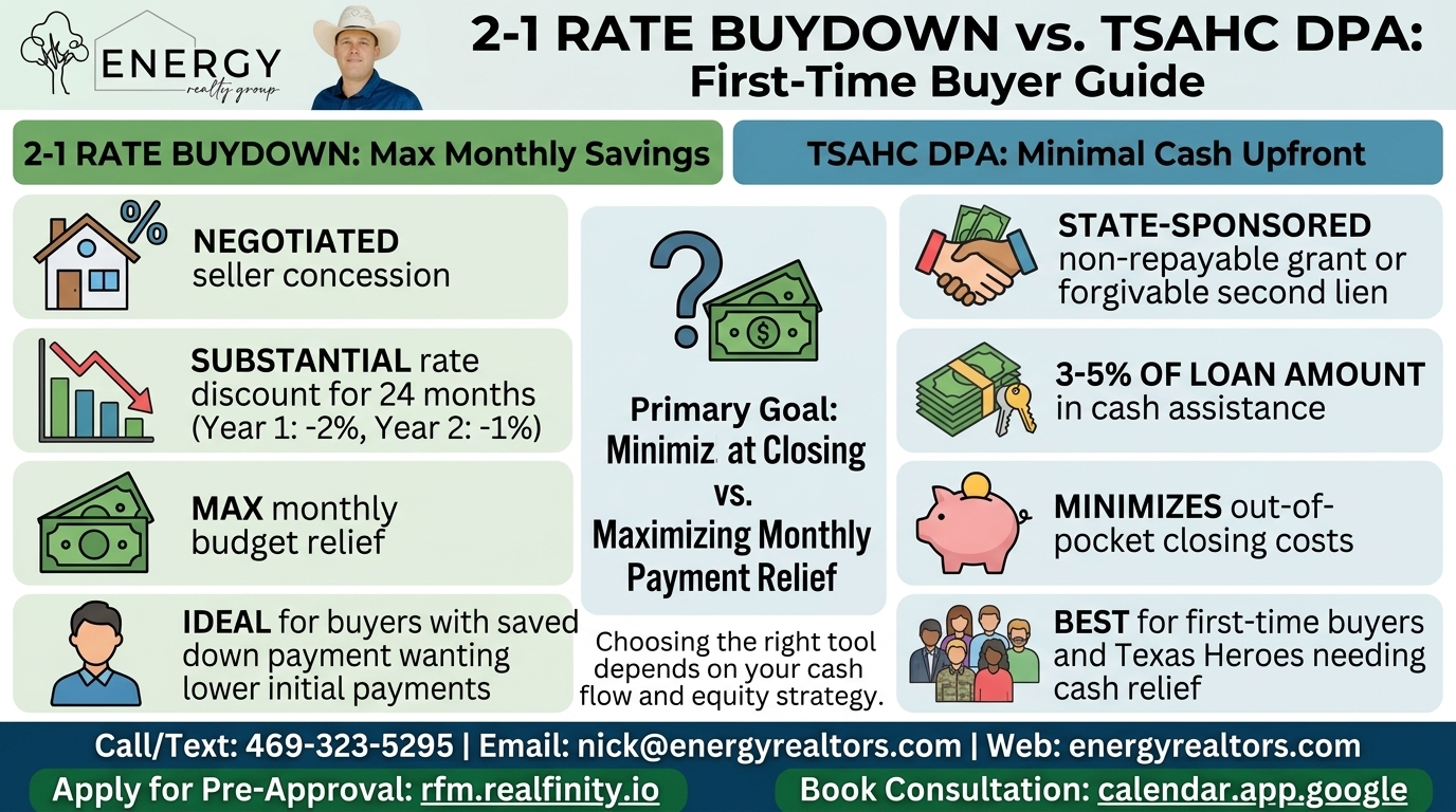 Infographic comparing Texas Down Payment Assistance (DPA) through TSAHC and TDHCA with seller-funded 2-1 rate buydowns for DFW first-time home buyers by Nick Getzendanner, Broker-MLO.