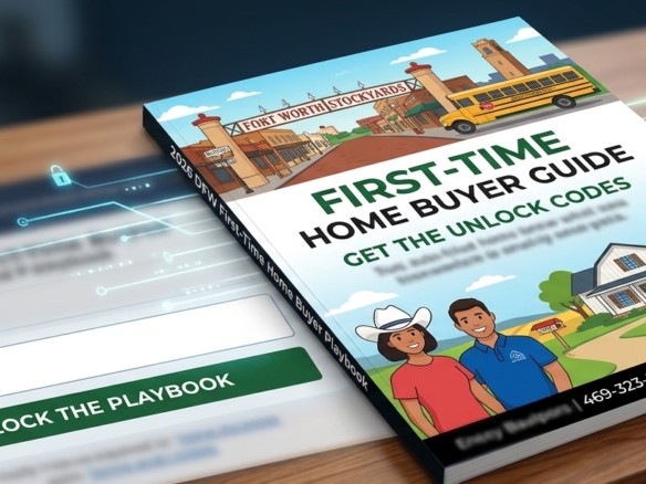 3D cover preview of the 2026 DFW First-Time Home Buyer Playbook featuring Fort Worth Stockyards, Aledo school bus, and a North Texas home with unlock codes for home buyers.