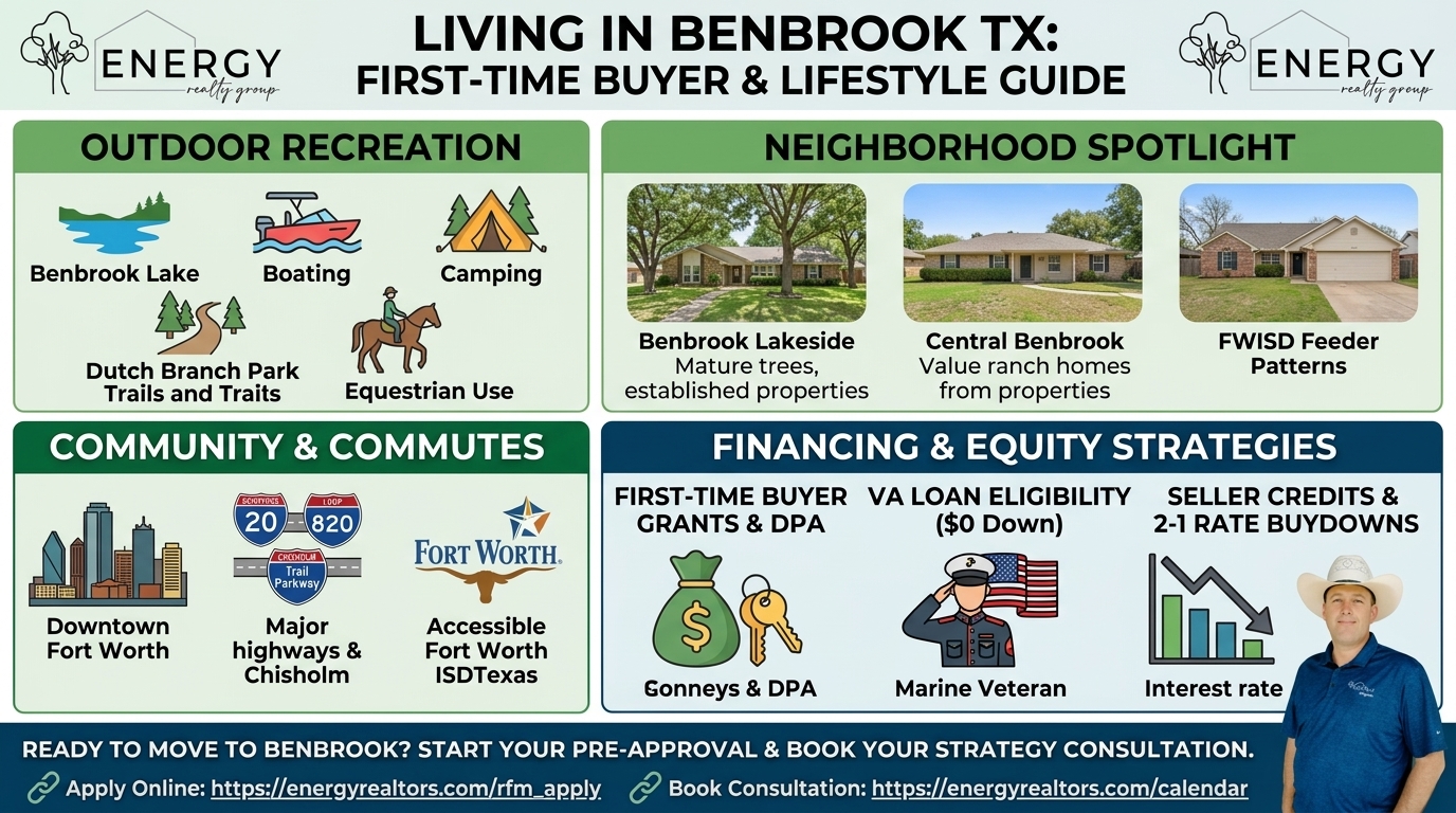 Infographic summarizing living in Benbrook TX, including Benbrook Lake access, neighborhood spotlights, FWISD schools, Tarrant County first-time buyer grants, VA loan eligibility, and seller credit strategies from Nick Getzendanner, Broker-MLO.