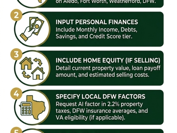 Infographic showing 5 easy steps to write an AI home buying power prompt for DFW and Parker County buyers.