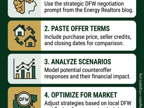 Infographic detailing 5 steps to use AI for brainstorming home offer and counteroffer negotiation strategies in Texas real estate.