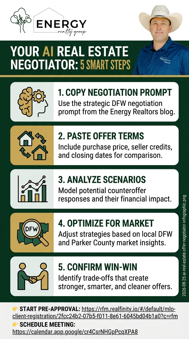 Infographic detailing 5 steps to use AI for brainstorming home offer and counteroffer negotiation strategies in Texas real estate.