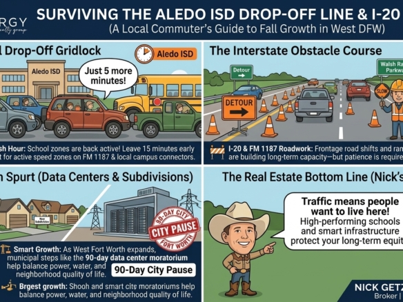 Aledo ISD school drop-off traffic tips and I-20 roadwork commuter infographic by Energy Realty Group Managing Broker Nick Getzendanner serving Parker County and West Fort Worth.